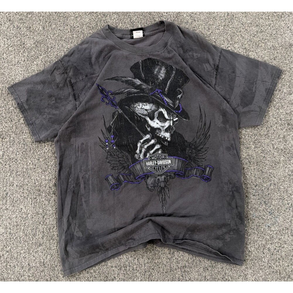 Y2K Harley Davidson Voodoo New Orleans T-Shirt Mens Large Skull Faded Biker Tee